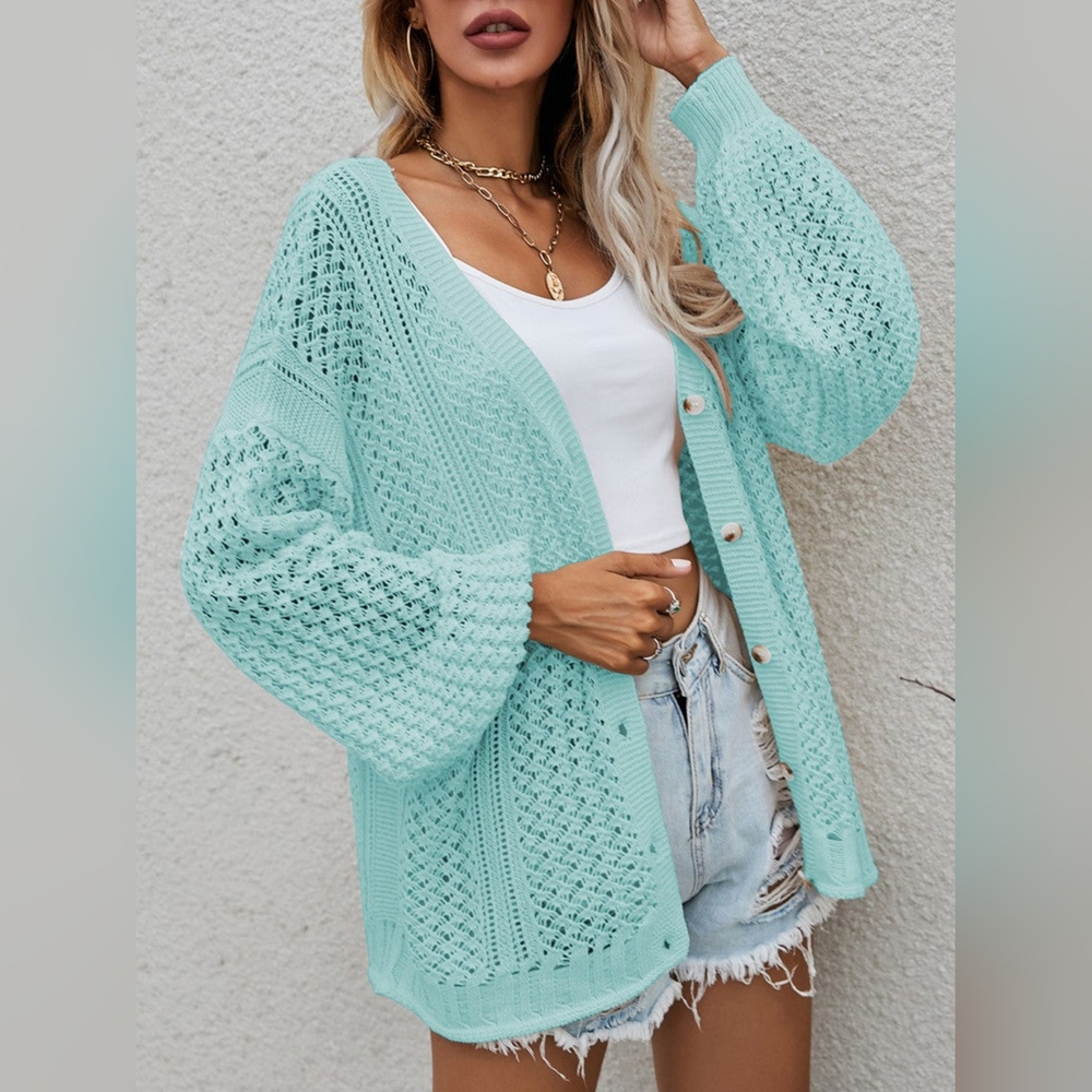 Green Chunky Knit Cardigan Sweater-Openwork Button Front Cardigan